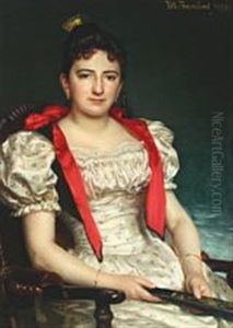 Portrait Of A Lady With A Golden Crown, Floral Gown And A Range In Hand