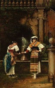 Two Italian Women Fetching Water From A Fountain