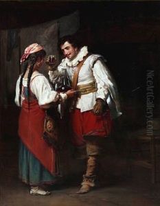 An Elegant Roman Gentleman Is Offered A Glass Of Red Wine By A Young Woman With Long Black Braids by Vilhelm J. Rosenstand