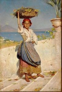 Young Woman From Capri Carrying A Basket Filled With Grapes On Her Head. In The Background Mount Vesuvius