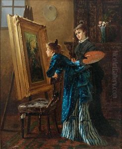 Malerin Und Kunstinteressierte Vor Einem Gemalde Malerin Und Kunstinteressierte Vor Einem Gemalde