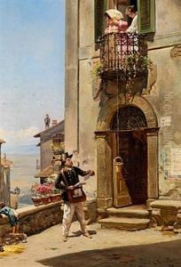 Two Italian Girls On A Balcony Lowering A Basket For The Postman