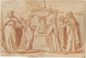 A Group Of Bishops And Monks Taking Water From A Fountain, With Saint Paul And Saint Catherine Standing In The Foreground by Fabrizio Boschi