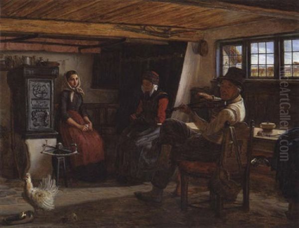 Bondesdtueinterior Med Mand, Der Spiller Pa Violin For En Pige Og Hendes Bedstemor - view 1