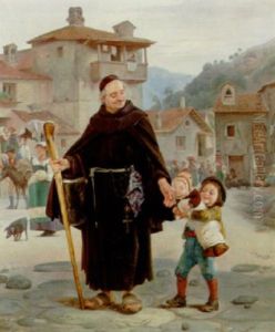 Italiensk Genrescene Med Svobelsebarn, Der Kysser En Munks Hand