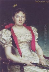 Portraet Af Dame I Blomstret Selskabskjole Og Vifte I Handen by Vilhelm J. Rosenstand