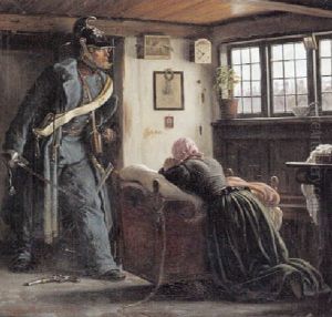 Krigscene Med Soldat Og Ung Pige by Vilhelm J. Rosenstand
