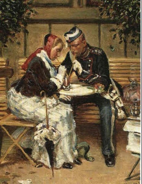 Soldat Og Hans Pige Siddende Udenfor Cafe A Porta, Drikkende Chokolade - view 1