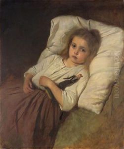 A Little Girl Lying On A Bed, With Her Doll