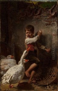 Boy Frightened By Geese, 1877 by Tobias Edward Rosenthal