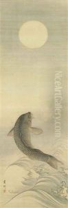 Carp Jumping Out Of Water Under The Moon