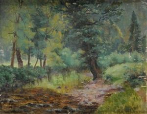 Paysage De Foret Et Ruisseau by Amedee Rosier