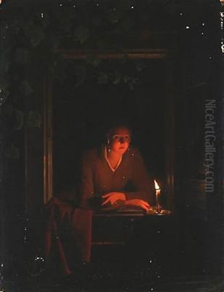 A Girl With A Candle Light In A Window At Night - view 1