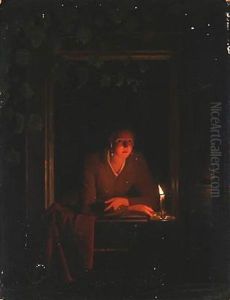 A Girl With A Candle Light In A Window At Night by Johannes Rosierse