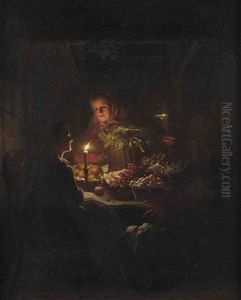 A Night Market With A Vegetable Seller At Her Candlelit Stall