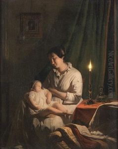 Mother And Child By Candlelight by Johannes Rosierse