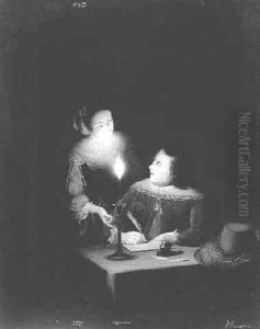 A Couple Writing A Letter By Candlelight