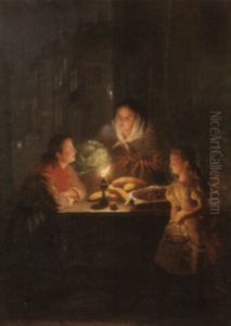Fruit And Vegetable Sellers At An Evening Market by Johannes Rosierse