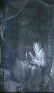 Lady Sewing In A Candlelit Interior Lady Sewing In A Candlelit Interior