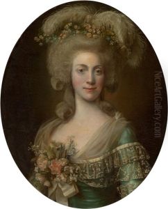 Portrait Of A Lady, Half-length, Wearing A Green Dress Trimmed With Lace And Her Hair Adorned
