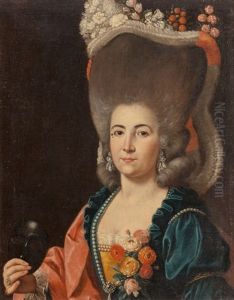 Portrait Of A Lady With Her Hair Adorned With Flowers, Holding A Mask