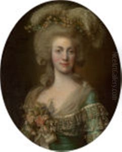 Portrait Of A Lady, Half-length, Wearing A Green Dress Trimmed With Lace And Her Hair Adorned With Ostrich Feathers