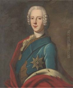 Portrait Of A Gentleman, Three-quarter-length, Wearing The Order Of The Garter, In A Blue Coat With A Red Ermin Trim Cape by Alexander Roslin