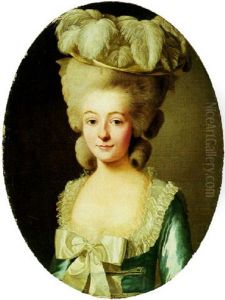 Portrait Of A Young Lady Wearing A Blue And White Satin Dress And A Feathered Hat by Alexander Roslin