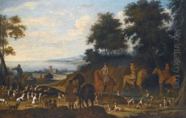 A Group Of Mounted Sportsmen With Hounds, A Huntsman, And A Distant Landscape Beyond - view 1