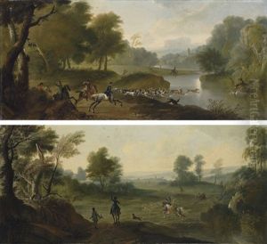 A Stag Hunt In A Wooded River Landscape(+ A Hawking Party In A Landscape; Pair) by James Ross