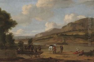 A Wooded River Landscape With A Ferry And Figures And Their Horses In The Foreground by James Ross