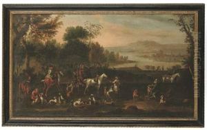 A Hunting Party In An Extensive Coastal Landscape, A Town Beyond
