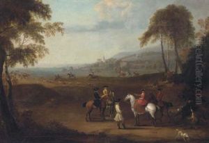 An Elegant Hunting Party In An Extensive Landscape, A Country House Beyond by James Ross