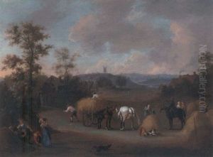 A Haymaking Scene With Figures In An Extensive Landscape by James Ross