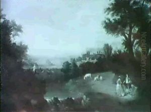 Italianate Landscape With Figures By A River, And Cattle And Sheep Grazing by James Ross