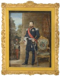 Louis Napoleon Bonaparte, Prince President, En Pied Portant Le Collier De L"annonciade Et Les Insignes De La Legion D"honneur, Avec Son Lancier D"ordonnance Maintenant Son Cheval