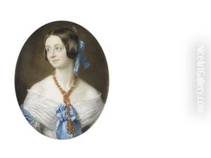 A Lady Called, Mrs Ackland, Wearing White Decollete Dress Finished With Blue Sash Ribbon And Pleated Panels Edged With Lace Trim To Her Bodice, Strands Of Coral And Pearls Suspended From Her Neck by Sir William Charles Ross