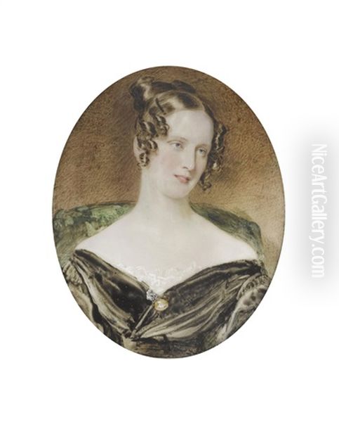 A Lady, Wearing Burgundy Decollete Dress Finished With White Lace Trim, Gold And Sapphire Pendant Brooch To Her Corsage, Matching Pendent Earrings (+ Another, 2 Works) - view 1