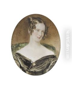 A Lady, Wearing Burgundy Decollete Dress Finished With White Lace Trim, Gold And Sapphire Pendant Brooch To Her Corsage, Matching Pendent Earrings (+ Another, 2 Works)