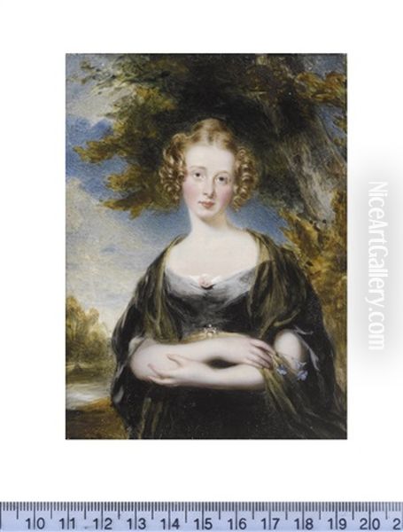 A Lady, Standing In A Landscape And Wearing Black Dress And White Underslip, A Pink Rose At Her Corsage, Jeweled Belt, Olive Green Shawl Draped About Her Shoulders, Her Hair Upswept Into A Knot - view 1
