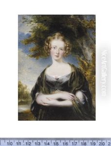 A Lady, Standing In A Landscape And Wearing Black Dress And White Underslip, A Pink Rose At Her Corsage, Jeweled Belt, Olive Green Shawl Draped About Her Shoulders, Her Hair Upswept Into A Knot