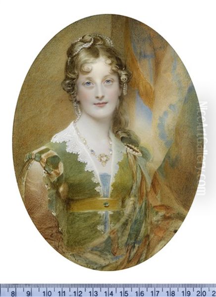 Jane Digby, Lady Ellenborough (1807-1881), Seated Before An Aperture And Hanging Drapery, Wearing India Green Dress With Amber And Green Shoulder Rolls, Her Jewelled Sleeves Slashed To Reveal Amber - view 1