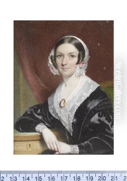 A Lady, Seated On A Green Upholstered Chair And Wearing Black Dress, White Lace Collar And Cuffs, Gold Mounted Cameo Brooch Fastened To Her Corsage... - view 1