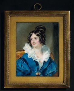 Portrait De Jeune Femme Assise En Robe De Soie Bleu Canard A Large Col De Dentelle Blanche Et Coiffee D'un Chignon Retombant En Anglaises