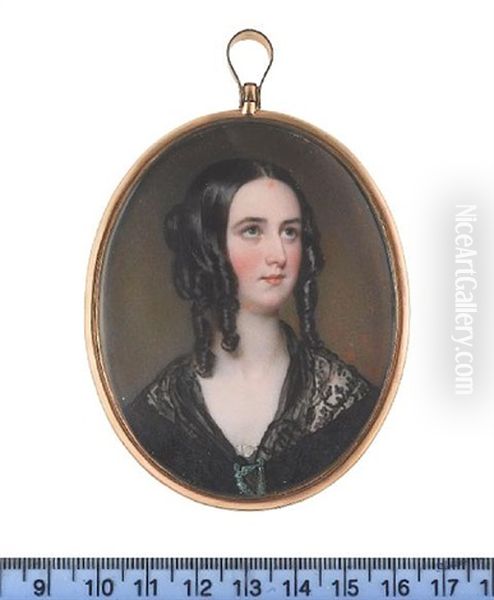 Isabella Brisbane, Wearing Black Dress With Black Lace Shawl Held Together At Corsage With Enamel Harp Brooch, Her Hair Worn In Loose Ringlets - view 1