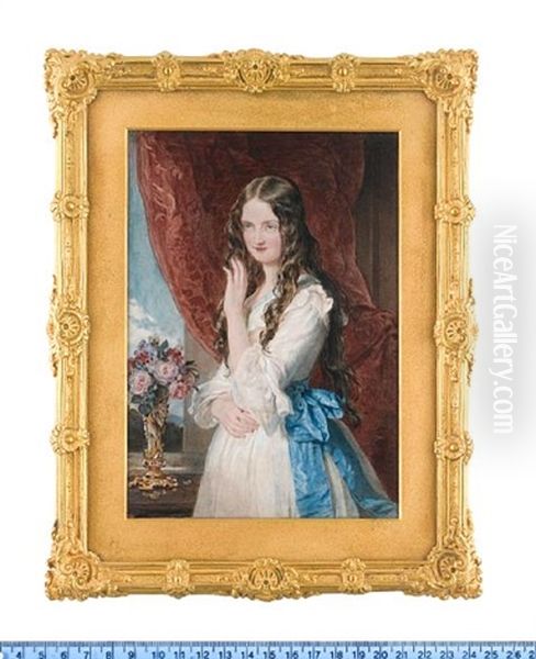 Lady Augusta Margaret Fitzclarence, Standing In An Interior And Wearing White Dress With Pale Blue Trim To Her Decollage And Blue Sash, Her Hair Worn Loose - view 1