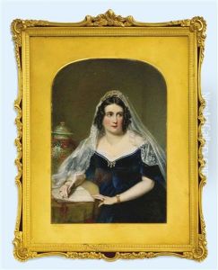 Seated At A Table Draped With A Cloth And Set With A Porcelain Vase, Her Right Arm Resting On An Open Journal, A Quill In Her Hand...