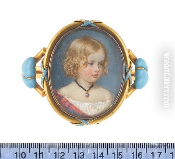 The Hon. Mary Stuart As A Young Girl, Wearing White Dress, Tartan Shawl, Gold And Blue Enamel Pendant On A Black Cord, Her Blonde Hair In Ringlets - view 1