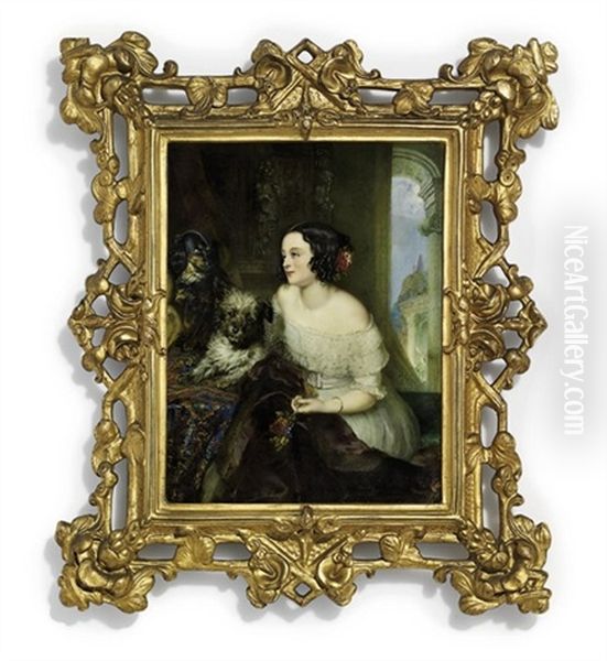 A Lady, In White Decollete Dress Trimmed With White Lace At Neckline And Cuff, Gold Buckled Sash, Fur-lined Cloak Across Her Lap, Gold Bracelet On Her Left Arm - view 1