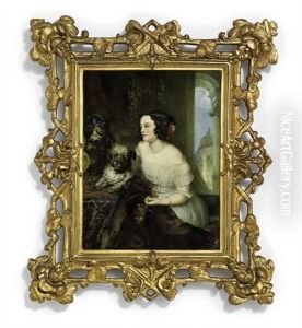 A Lady, In White Decollete Dress Trimmed With White Lace At Neckline And Cuff, Gold Buckled Sash, Fur-lined Cloak Across Her Lap, Gold Bracelet On Her Left Arm